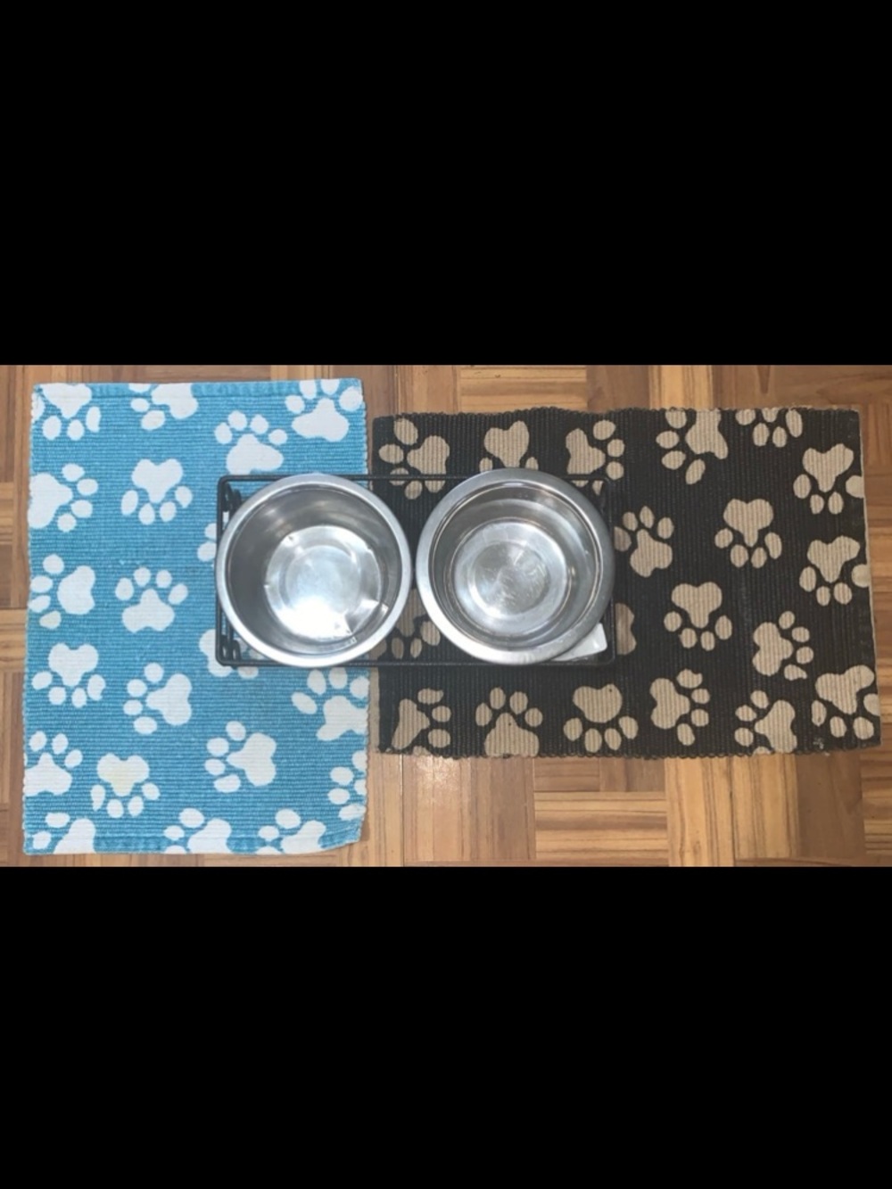 Wrought Iron Dog Stand, Feeding Mats with Double Stainless Bowls - Blue & Black